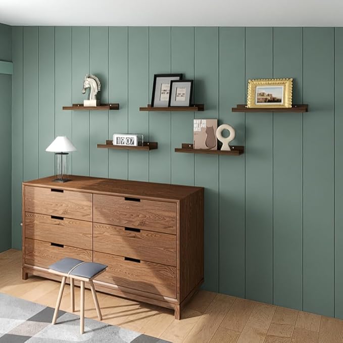 RICHER HOUSE 5 Set Floating Shelves for Wall Decor, Wall Mounted Book Shelf, Nursery Shelves Picture Ledge Shelf with Lip for Storage, Bedroom, Living Room, Bathroom - Walnut