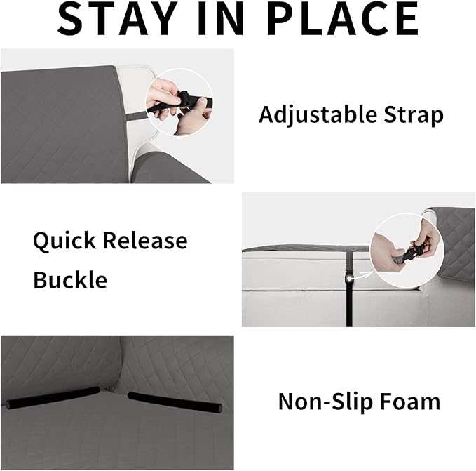 Easy-Going Reversible Chaise Lounge Couch Cover Water Resistant Sofa Cover Sectional L Shaped Sofa Slipcover with Adjustable Straps Furniture Protector for Dogs (115X34 in, Gray/Gray)