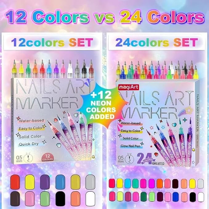 24 Color Nail Art Pens, Classic & Neon Nail Markers Set 0.5 MM Fine Tip Nail Polish Pens Drawing Painting Point Liner Painted Pen Kit, Waterproof DIY Nails Art Design Manicure Tools