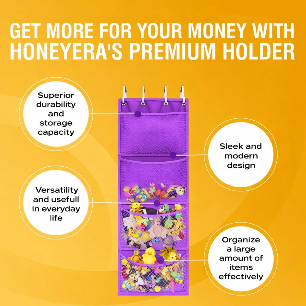 Honeyera Plush Storage (Patent Pending) - Plush Hammock Net Over Door Organizer for Stuffies, Baby Accessories, Toy/Hammock Hanging Storage Big Girls Toddler Large Bag Animals (Purple)