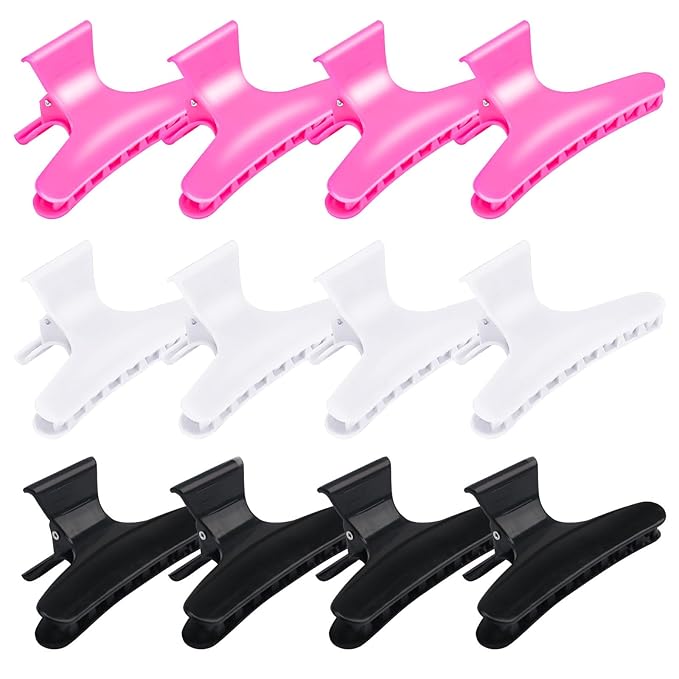 Hair Clips for Styling Sectioning 12 Pack Black White Hot Pink Butterfly Clamps Hair Claw Clips Pro Salon Hair Clips for Styling, Sectioning, Cutting and Coloring