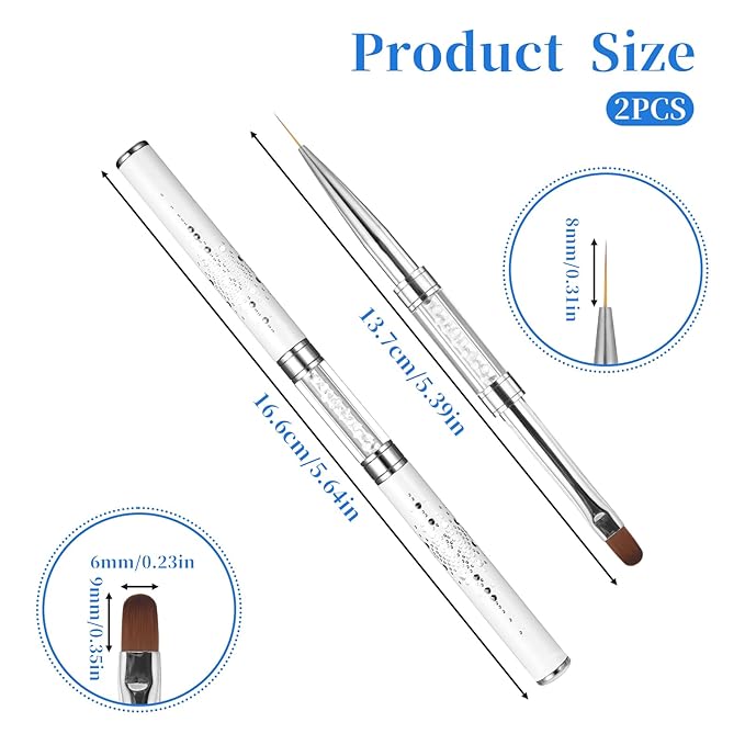 2 Pcs Double Ended Nail Builder Gel Brush, French Tip Brush Hard Gel for Nails, Brush Liner Brush Nails Hard Gel for Design Nails Professional Nail Art(White)
