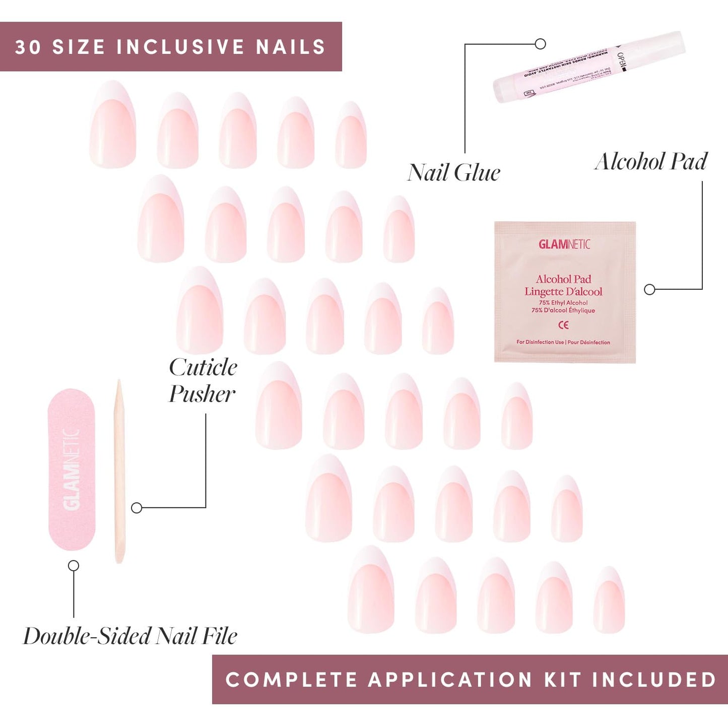 Glamnetic Press On Nails - MaDamn | French Tip UV Finish Short Pointed Almond Fake Nails, Salon Quality Semi-Transparent Nails in 12 Sizes - 24 Nail Kit with Glue