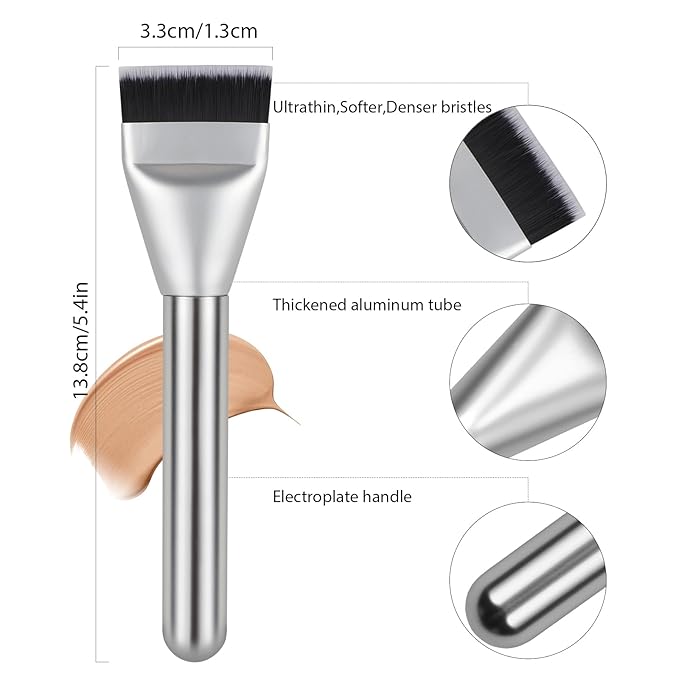 New Upgrade Flat Foundation Brush,Korean Makeup Brush Spatula Facial Brush for Liquid Foundation,Premium Face Makeup Brush for Blending Cream (Silver)