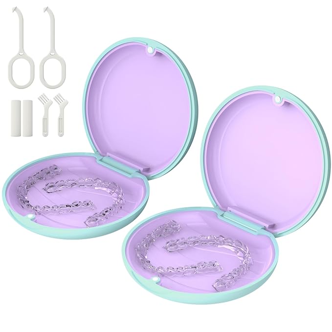 2 Pack Retainer Case, Compatible with Invisalign, Slim Aligner Case with Removal Tool, Aligner Seaters & Brush, Pocket Size Secure Magnetic Closure for Travel - Sage Green
