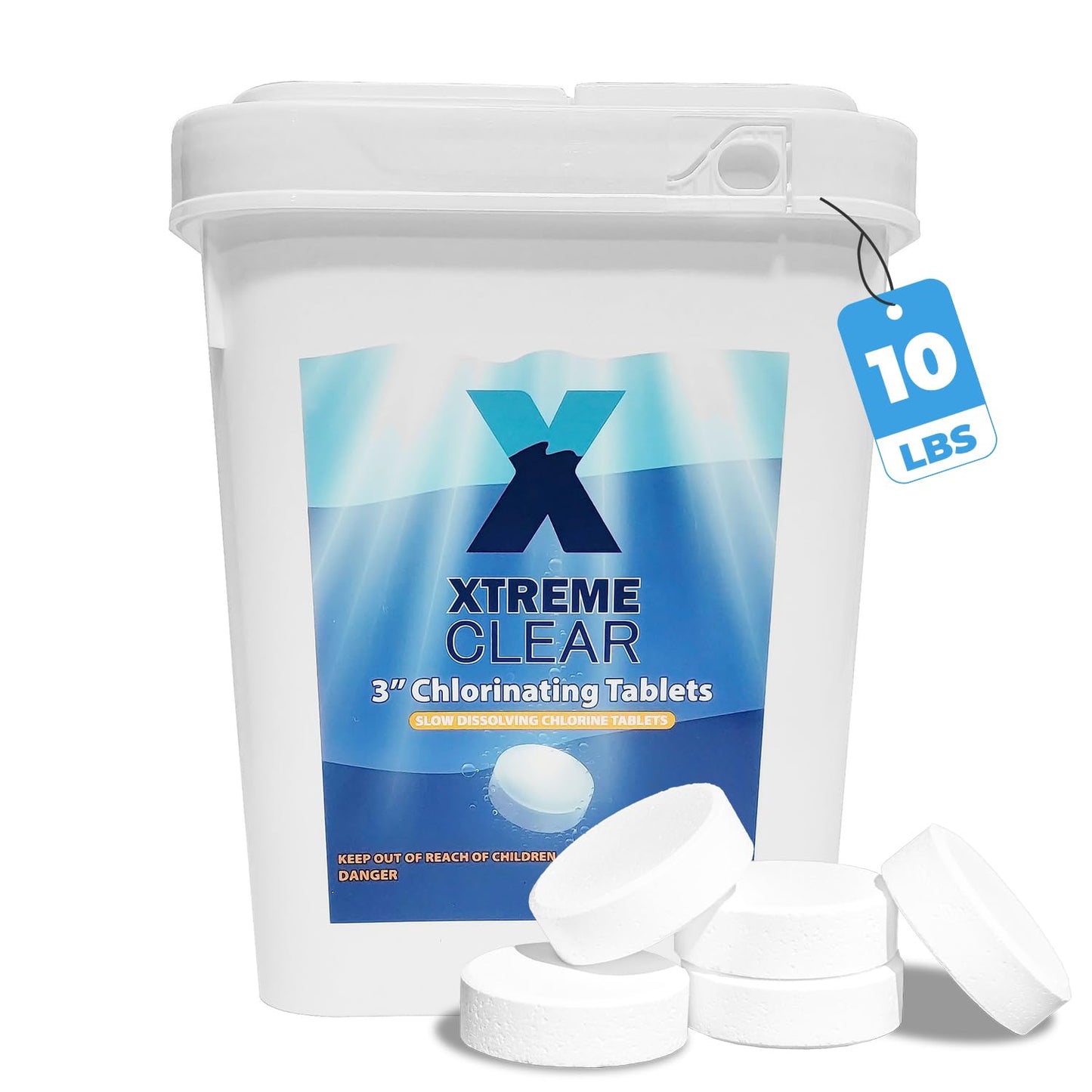Xtremeclear 3-Inch Chlorine Tablets 99% Pure Tri-Chlor for Swimming Pools Above Ground, InGround, Spa, Hot Tub 10lbs Bucket - Individually Wrapped Stabilized Sanitizer Slow Dissolving