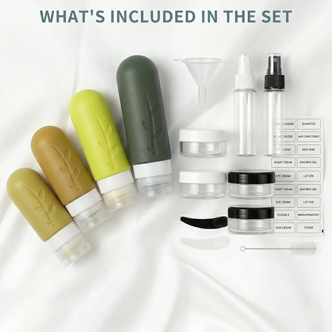 Travel Bottles Kit (16 Pack) - TSA Approved, Leak Proof Silicone Squeezable Containers for Toiletries. Complete Set with Jars, Sprayers & Bag (M-Green)