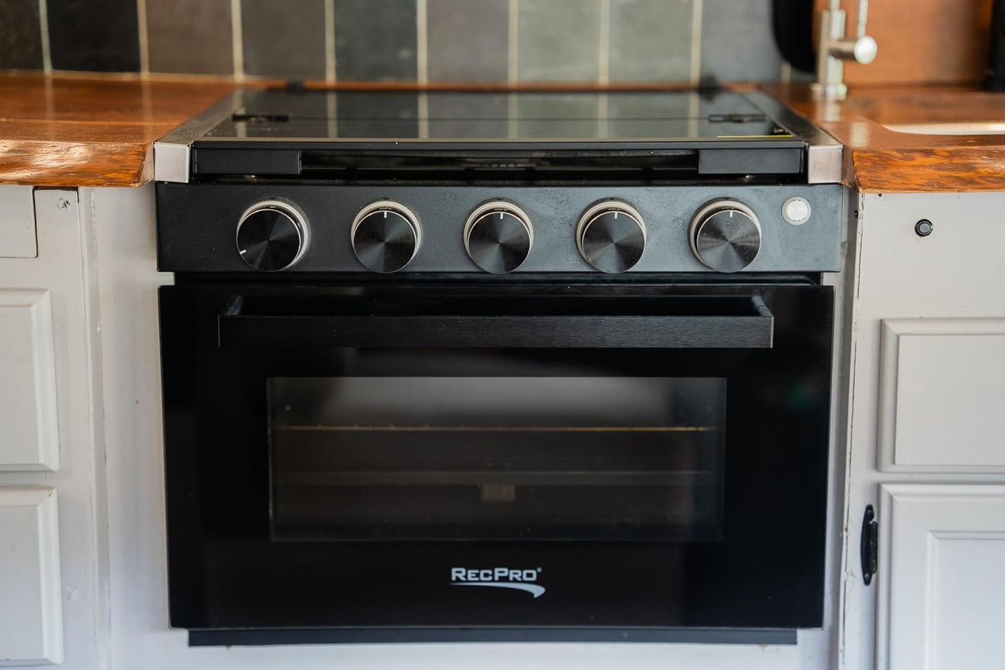 RecPro RV Stove Black Finish | Gas Range 17" Tall | 6500 and 8000 BTU Three Burner | 7100 BTU Oven with 1.24 Cu. Ft. Capacity | Optional Range Hood