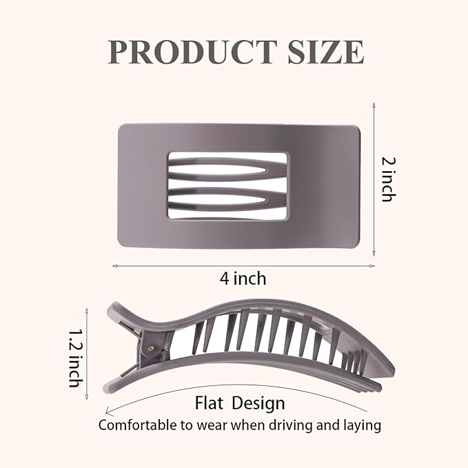 4 Pack Large Flat Hair Clips for Women, Rectangle Matte Non-slip Lay Down Claw Clips, French Strong Hold No Crease Barrettes for Thick & Thin Hair, Stylish Square Hair Accessories (Grey)