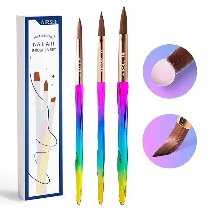 AIRSEE 3PCS Acrylic Nail Brush Set Size 8/10/14 Professional for Acrylic Application, Nail Extension, 3D Carving 3A+ Nylon DIY Salon Home, Colorful
