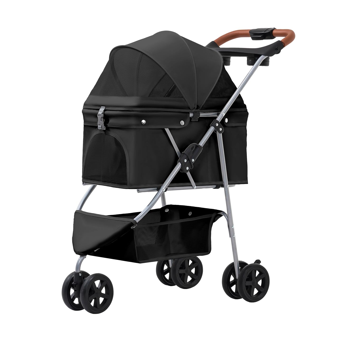 Pet Stroller for Small/Medium Dogs and Cats, Foldable 3 Wheel Jogger with One-Click Fold, Breathable Mesh, Storage Basket, Cup Holder, Weather Cover, Black (Black)