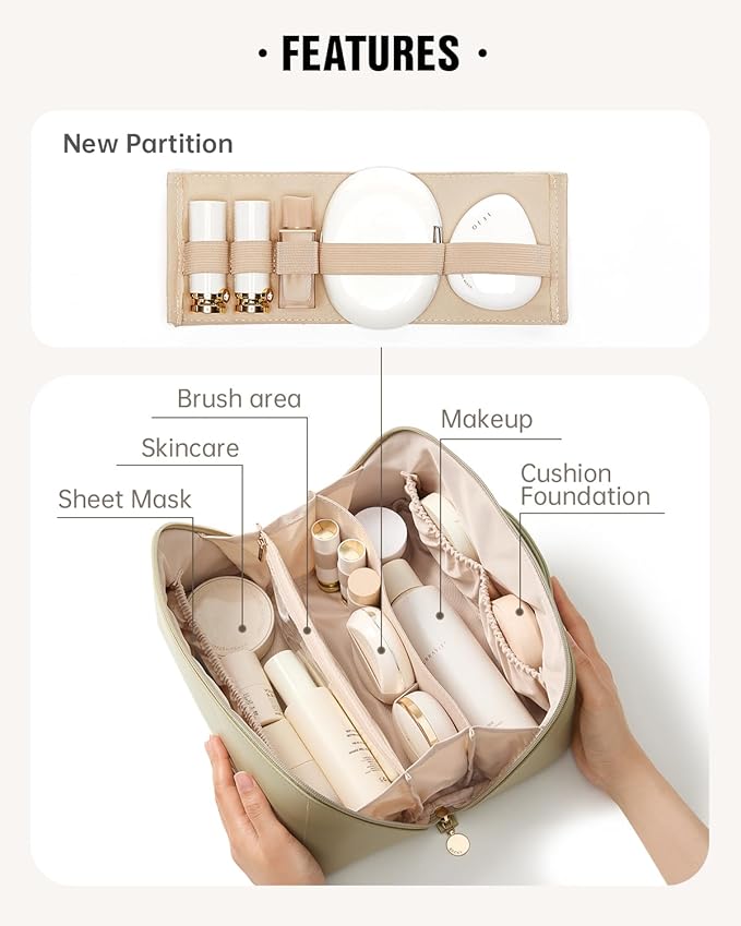 EACHY Travel Makeup Bag, Large Capacity Cosmetic Bag for Women, Waterproof PU Leather, Flat Open Portable Toiletry Bag for Skincare, Brushes & Travel Essentials