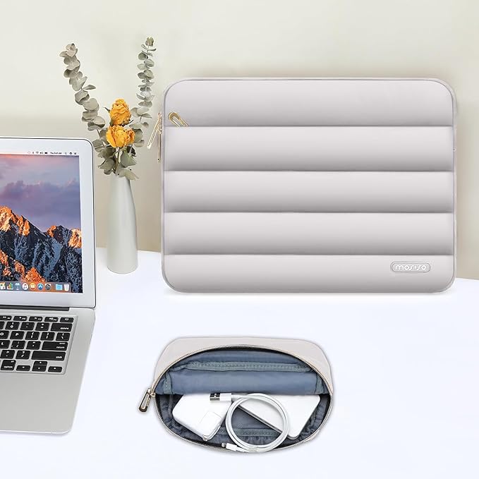 MOSISO Laptop Case 16 inch, 15-15.6 inch Puffy Laptop Sleeve Compatible with MacBook Pro 16 M5 M4 M3 M2 M1, HP Dell ASUS Acer Toshiba Lenovo, Polyester Horizontal Bag with Small Case, Gray