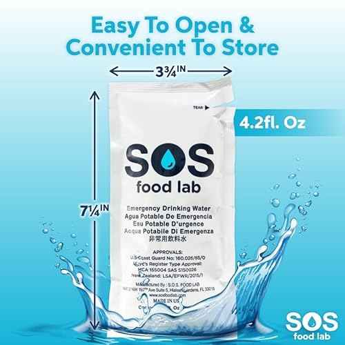 SOS Food Lab Emergency Water Pouches - 2 Gallons (62 Count, 4.2 Fl Oz Each) - Triple Purified, UV Sterilized Filtered Drinking Water for Disaster & Survival Kits - 5 Year Shelf Life, US Navy Approved