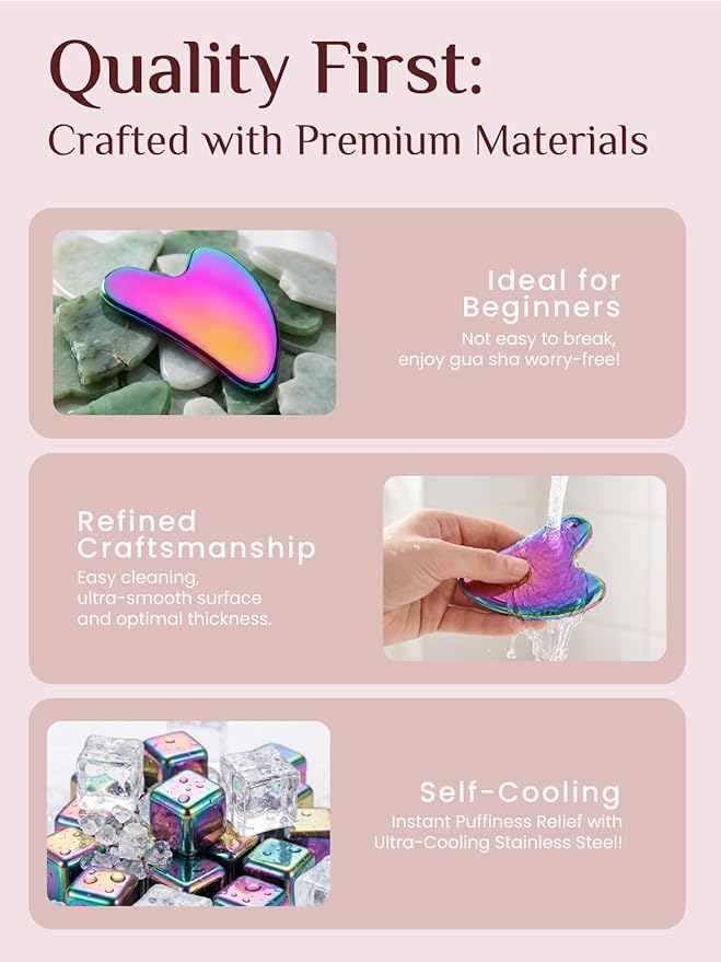 Rena Chris Gua Sha Facial Tools, Stainless Steel Guasha Tool for Acupuncture, Manual Massage Tool for Jawline Sculpting and Puffiness Reducing, Gua Sha Facial Massage Tool (Irridescent)