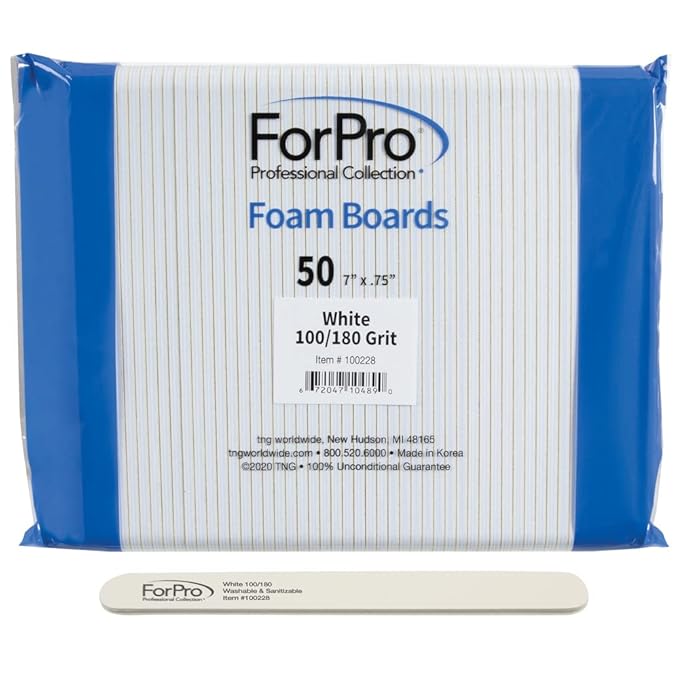 ForPro Professional Collection Nail Foam Boards, White, 100/180 Grit, Double-Sided Manicure and Pedicure Nail Files, 7” L x .75” W, 50-Count