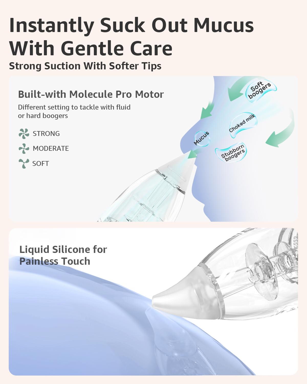 GROWNSY Nasal Aspirator for Baby, Electric Baby Nose Sucker, Automatic Nose Cleaner with Larger Suction Chamber and More Powerful Suction, Music and Light Soothing Function, Beige
