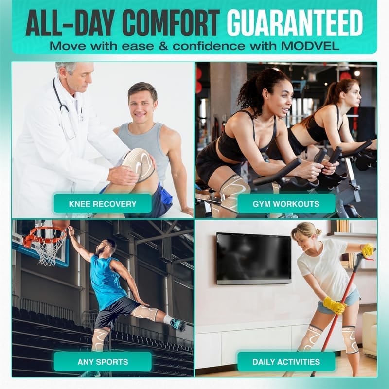 Modvel 2 Pack Knee Brace for Women & Men - Workout Knees Compression Sleeve for Knee Pain Relief Joint Support for ACL, Arthritis, Meniscus Tear Knees Brace for Sports, Rodilleras para Gym Fitness