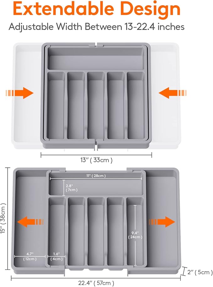 Lifewit Silverware Drawer Organizer, Expandable Utensil Tray for Kitchen, BPA Free Flatware and Cutlery Holder, Adjustable Plastic Storage for Spoons Forks Knives, 13-22 x 15", Grey