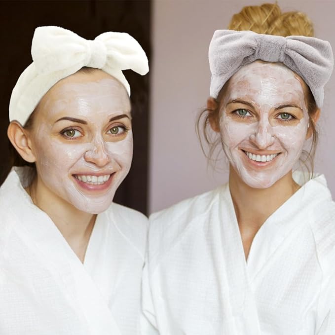 SPA Headbands for Washing Face Makeup Headbands with Bow Hair Band Women Facial Head Band Wrist Towel Wraps For Shower Face Mask White Gray, 6 Pack