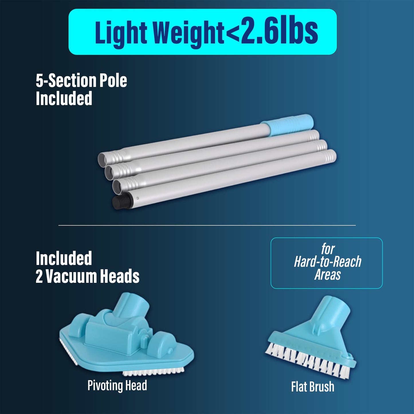 Rechargeable Handheld Pool Vacuum Set with Adjustable Pole and 2 Interchangeable Brush Heads, Ideal for Above-Ground Pools, Hot Tubs, Spas, and Small Pools up to 20ft – Cordless Spot Cleaner(Blue)