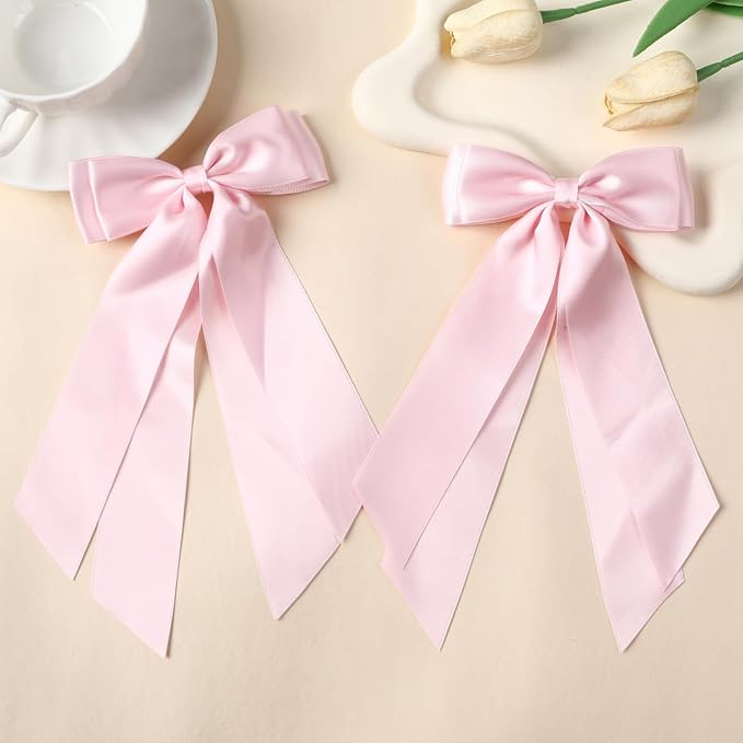 LuSeren 2 PCS Double Layer Hair Bows Pink Hair Ribbon Clips Ponytail Holder Accessories for Women Girls Toddlers Teens Kids