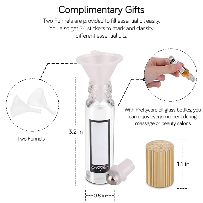 Essential Oil Roller Bottles 10ml ( Clear Glass Bottle with Bamboo Lid, 12 Pack, 2 Extra Stainless Steel Balls, 24 Labels, 1 Opener, 1 Funnel, 2 Droppers ) Roller Balls for Oils, Roller on Bottles