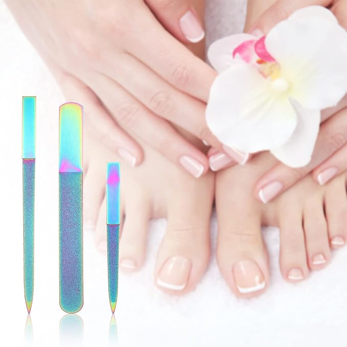 Mudder 3 Pcs Diamond Nail File Set for Women Men Stainless Steel Metal Sapphire Double Side Fingernail Toenail Buffer Filers Rainbow Emery Boards for Salon Home Travel Manicure Pedicure Nail Care Tool