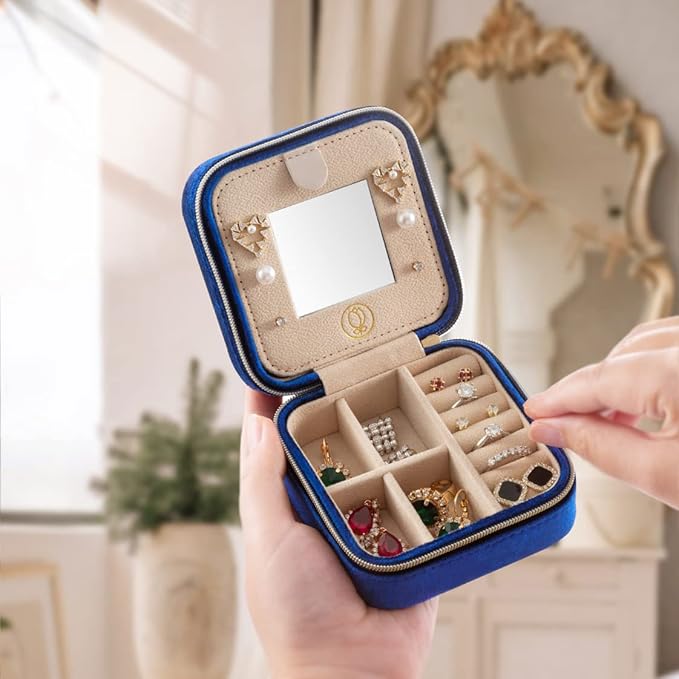Plush Velvet Travel Jewelry Case, Travel Jewelry Organizer, Jewelry Travel Case, Travel Jewelry Box, Small Jewelry Case for Women, Jewelry Travel Box, Earring Organizer with Mirror - Navy Blue