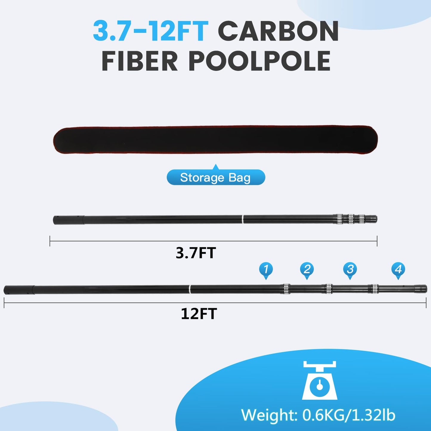 JSPJSP Carbon Fiber Pool Rod - Professional 4-12 Foot Telescopic 4-piece Pool Cleaning Rod Set, Adjustable Telescopic Rod for Cleaning Nets, Brushes, Vacuum Heads