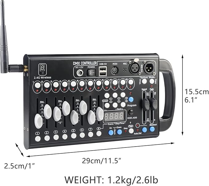 Wireless Dmx Controller 192 Channel Dmx Light Controller for Dj Lights, Dmx Controllers with Midi Portable Dmx 512 Controller, Dmx512 Lighting Controller Dmx Control Board for Stage Lights Dmx Console