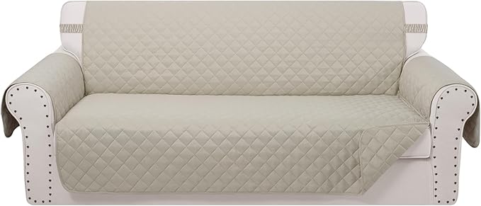 Reversible Couch Cover for 3 Cushion Couch for Pet Friednly Sofa Cover for Dogs Water Resistant Furniture Protector Washable with Elastic Straps(Sofa,Beige/Beige)