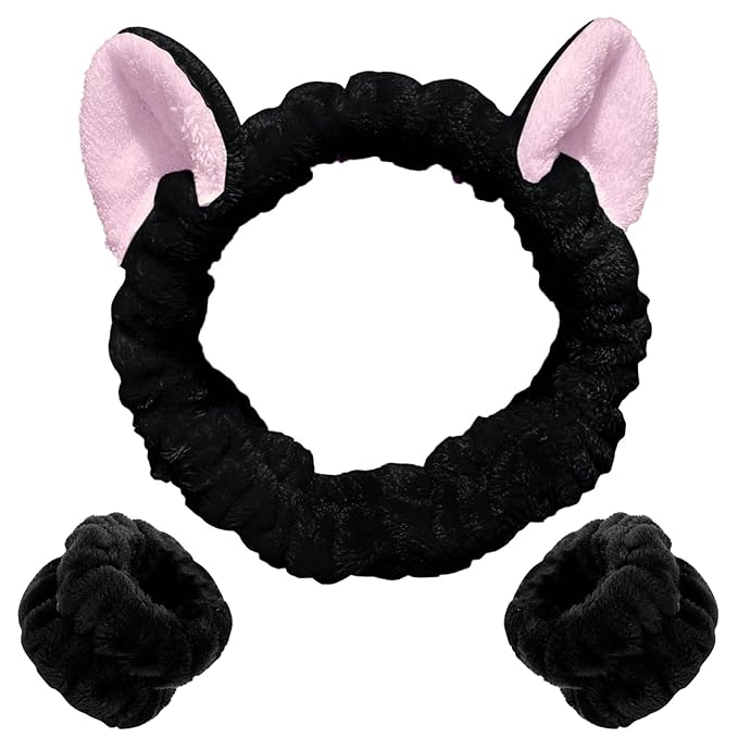 WHAVEL 3PCS Spa Headband and Wristband Set, Cute Cat Ears Headband for Washing Face Makeup Head band(Black)