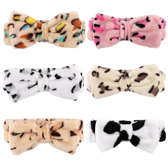 SPA Headbands for Washing Face Makeup Headbands with Bow Laurel Hair Band Women Facial Head Band Wrist Towel Wraps For Shower Face Mask Pink White, 6 Pack