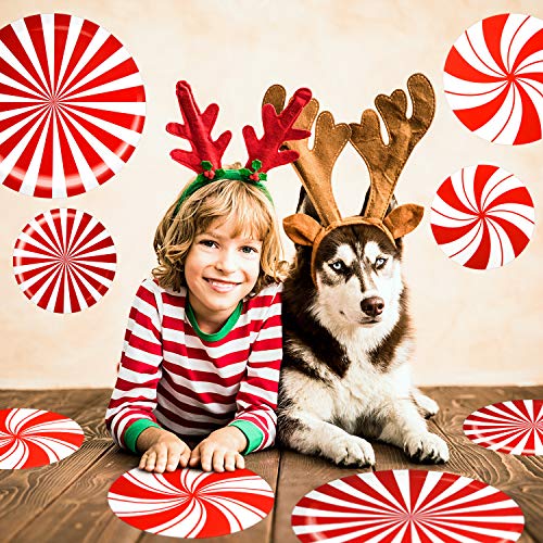 Outus 24 Pieces Christmas Peppermint Floor Decals Stickers for Christmas Decoration Candy Party Supply Red and White Large Decals for Floors, Windows, Counters and Walls