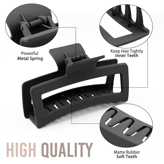 5 Inche Black Extra Large Claw Clips for Thick Hair and Long Hair, 4 Pack Xl Jumbo Claw clips, Oversized Matte Non-slip Rectangle Hair Clips for Women, Big Strong Hold Jaw Clip