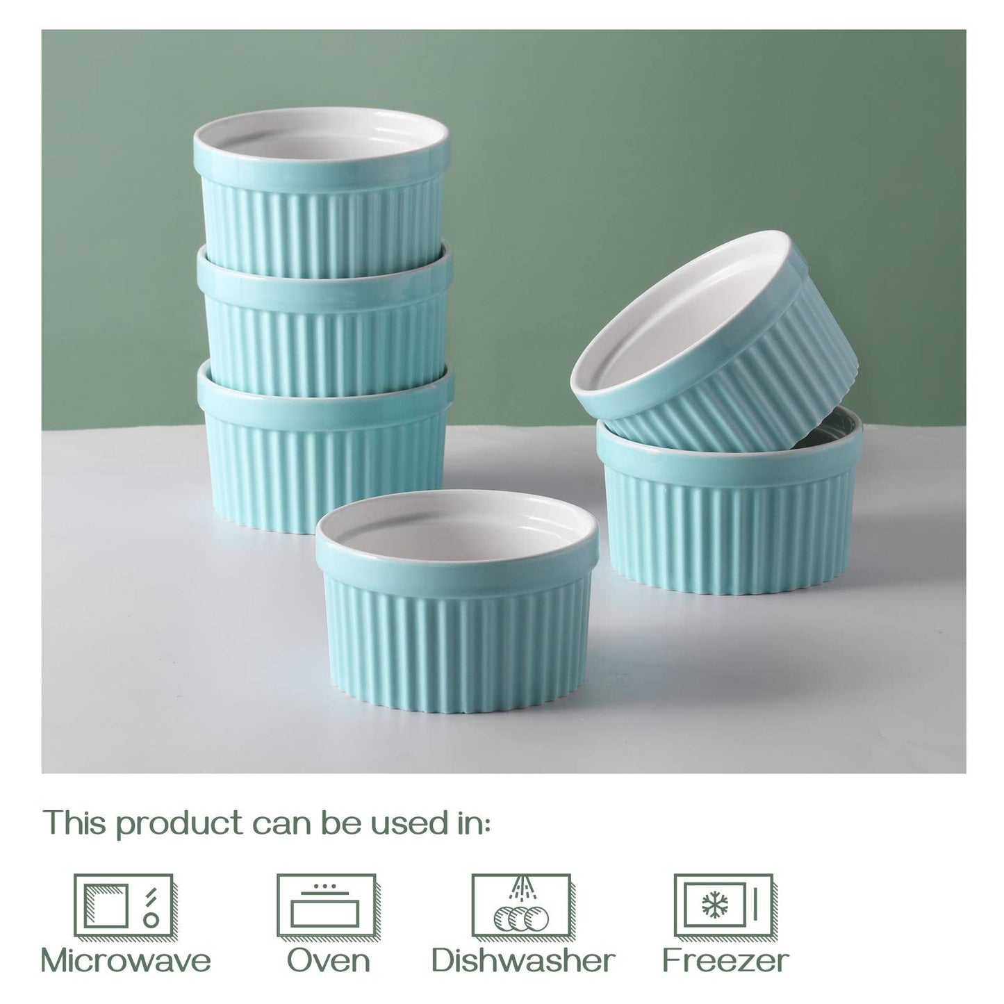 DOWAN 10 oz Porcelain Ramekins - Oven Safe for Creme Brulee & Souffle, Classic Style Baking Bowls, Set of 6, Blue
