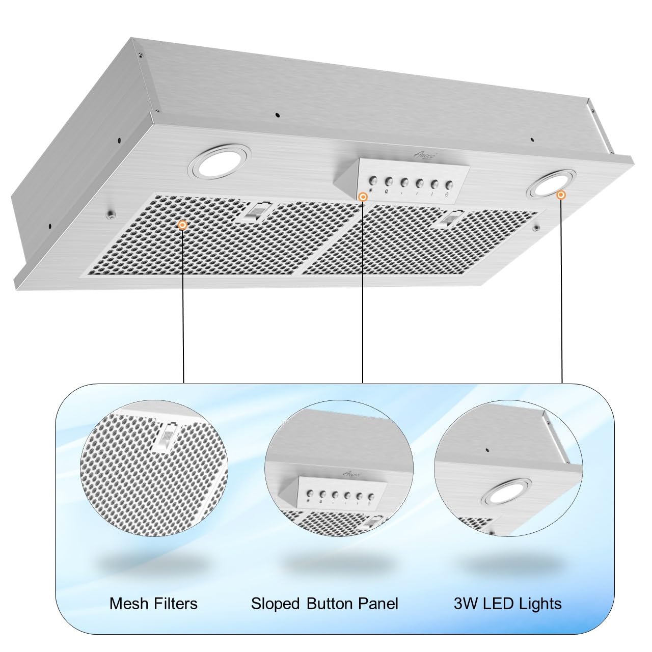 Awoco RH-IT08 11-3/4"D Super Quiet Split Insert Stainless Steel Range Hood, 4 Speeds with a 8” Blower Unit, 1000CFM, Mesh Filters, LED Lights (30”W 8” Vent)