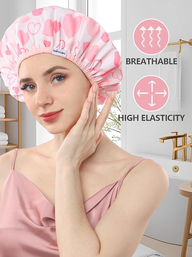 Years calm Shower Caps for Women Reusable Waterproof, Double Layer Waterproof Fabric - Both Sides Usable, Reversible Pattern & Solid Color Design, Soft Elastic Keeps Hair Dry for shower Spa Travel