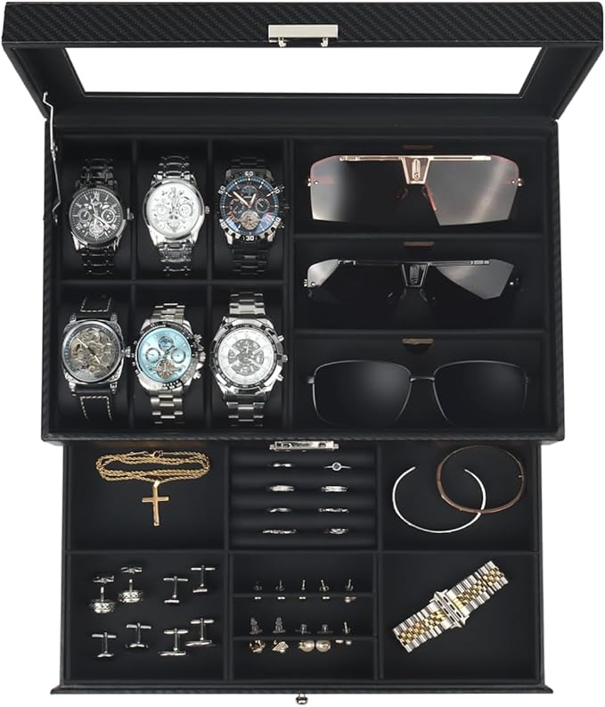 Watch Jewelry Box Organizer, 6-Slot 2-Layer Watch Case and Sunglasses Storage with Large Glass Lid, Men's Jewelry Box with Lock, Watch Holder Display Case, Gift for Men Women