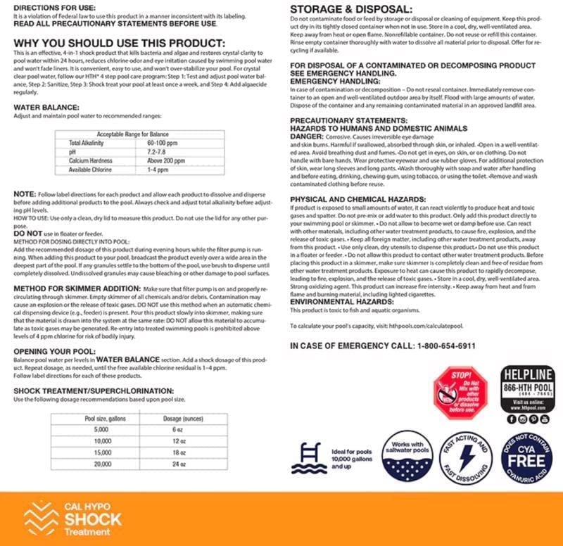 HTH 52043 Pool Care Shock Advanced, Swimming Pool Chemical Prevents Bacteria & Algae, Cal Hypo Formula, 2 lbs (2-Pack)