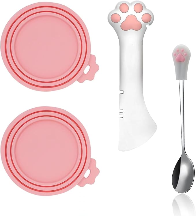 SJANE Cat Food Can Spoons & Can Lids | 4 Pcs | Multi-function Opener | Silicone Pet Food Covers | Stainless Steel Wet Food Spoon for Cats and Dogs(Pink)
