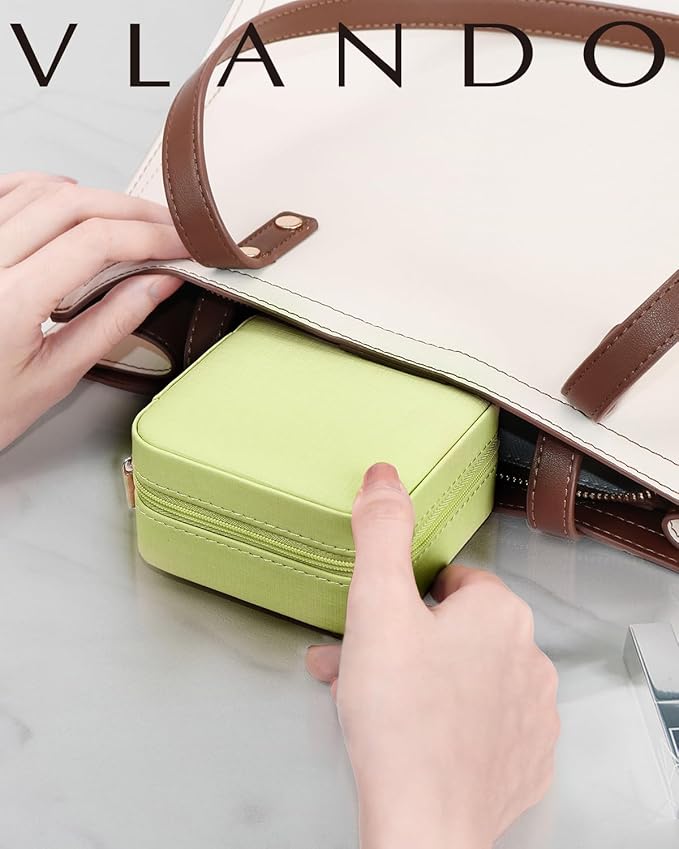 VLANDO Small Travel Jewelry Box Organizer - Girls Women Gift Rings Earrings Necklaces Jewelry Storage Display Case with Mirror Green