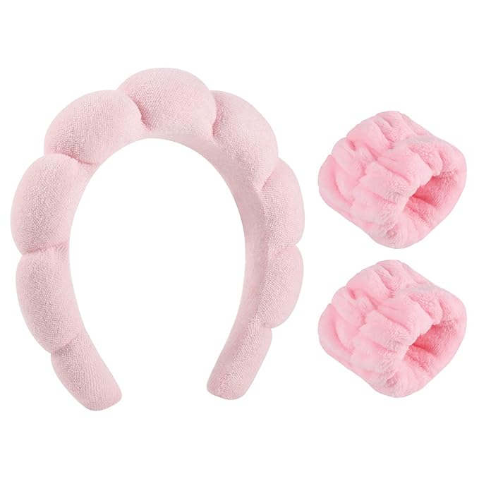 WSICSE Sponge Pink Spa Headband for Washing Face, Skincare Headbands Puffy Padded Keep Hair Dry Get Ready Hairband Spa Gifts for Women