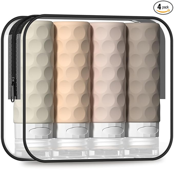 Silevoler Travel Bottles for Toiletries, 4pcs Tsa Approved 3oz Travel Size Containers, BPA Free Leak Proof Premium Silicone Bottles, Refillable Liquid Squeezable Accessories W/Toiletry Bag(Cream)