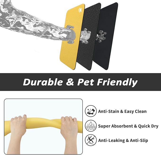 Dog Food Mat - Absorbent Cat Mat for Food and Water, No Stains Pet Feeding Bowl Mat, Easy to Clean Pet Placemats, Quick Dry Dog Water Dispenser Mat for Messy Drinkers | Paw Yellow 18"x 28"