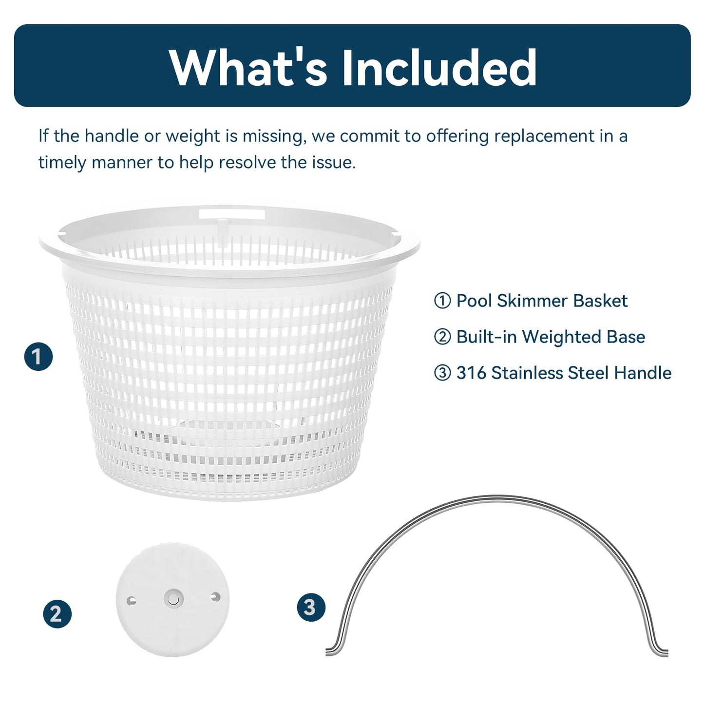 Monitok 2-Pack Weighted Pool Skimmer Basket for Inground Pools, Heavy Duty Filter Basket with 316 Stainless Steel Handle, Replacement for Hayward SP1070/SP1070E & Pentair U-3