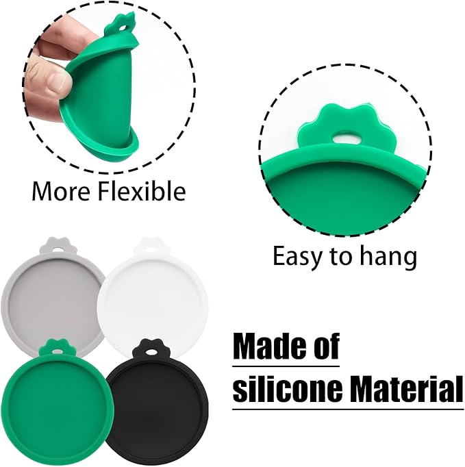 PINE & LINEN 4 Pcs 2.5inch Durable Pet Can Lids,Silicone Small Pet Can Covers Waterproof Cat Food Cans Lids for 3 oz Cat Food Cans(White+Gray+Dark Green+Black)