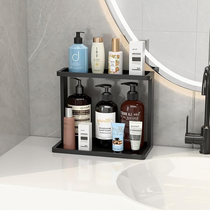 PEKER Bamboo Bathroom Organizer Countertop Ã¢ÂÂ Small Vanity Storage Shelf for Makeup, Perfume, Skincare Ã¢ÂÂ Natural Cosmetics Display Rack for Dresser, Sink, Kitchen Ã¢ÂÂBlack