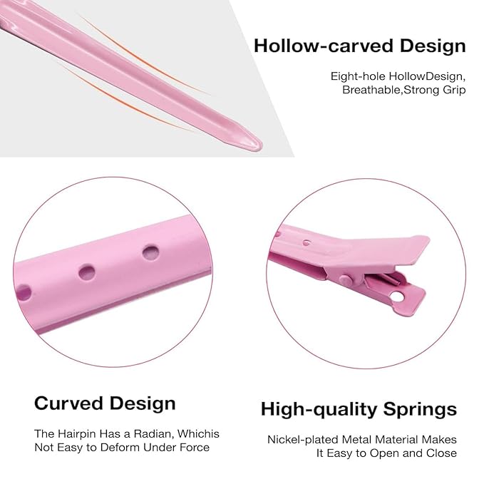 24Pcs Duck Billed Hair Clips for Styling Sectioning, Metal Hair Clips for Women Long Hair, Metal Alligator Curl Clips for Hair Roller Salon (Pink)